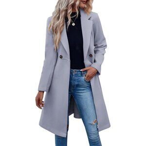 Womens Grey  Pea Notched Lapel Double Breasted Business Casual Trench Coats